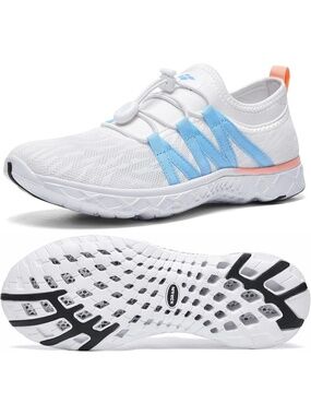 Women's White Blue Closed Toe Flat Xdrain Mesh Slip On Athletic Water Shoe